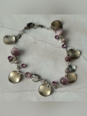 Vintage Silver-Tone Pink Bead & Disc Charm Bracelet